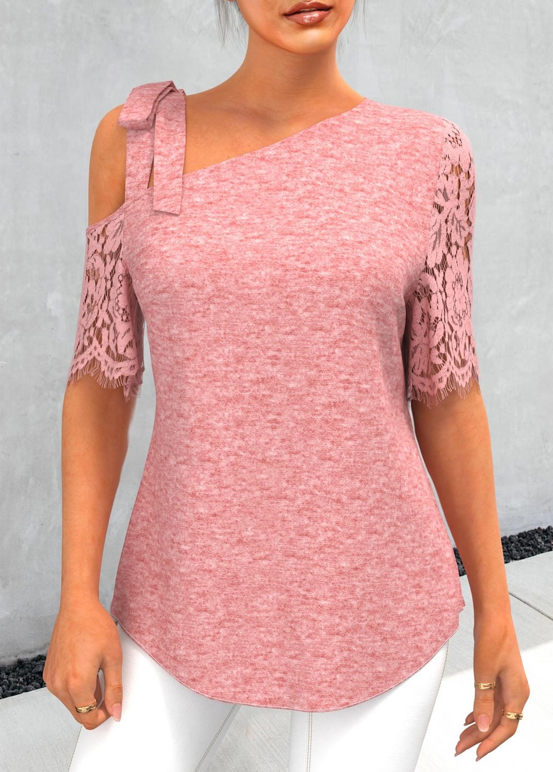 Pink Lace Patchwork Bowknot T Shirt