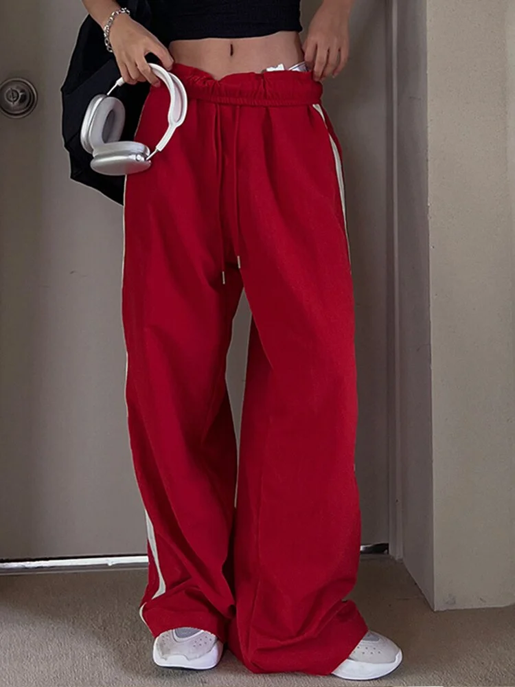 Uveng Baggy Jogging Sweatpants Elastic High Waist Side Stripe Casual Women Pants Streetwear Black Basic Trouser Korean Fashion