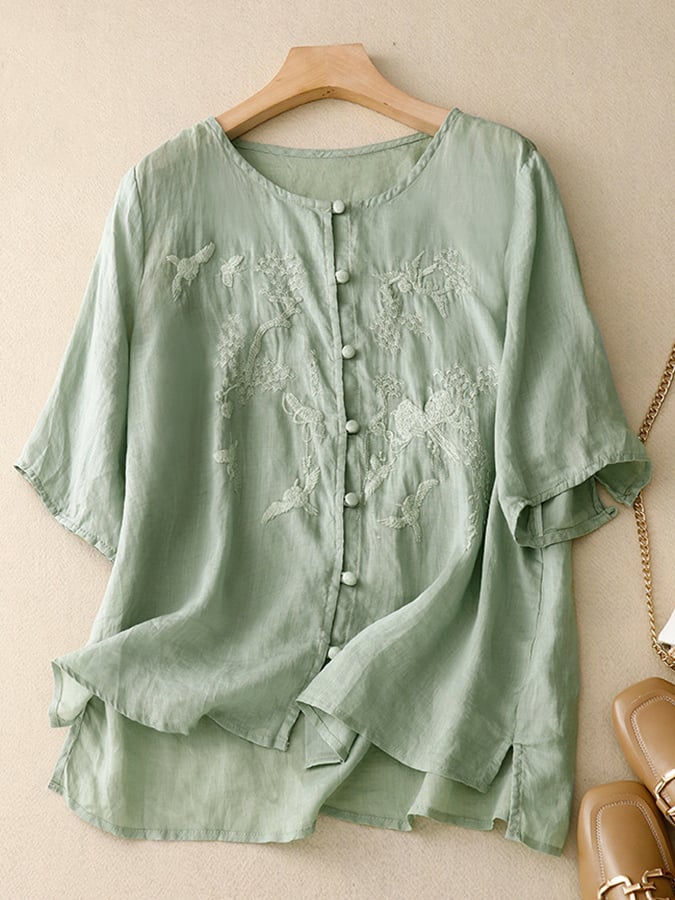 Vintage Embroidered Round Neck Single Breasted Top