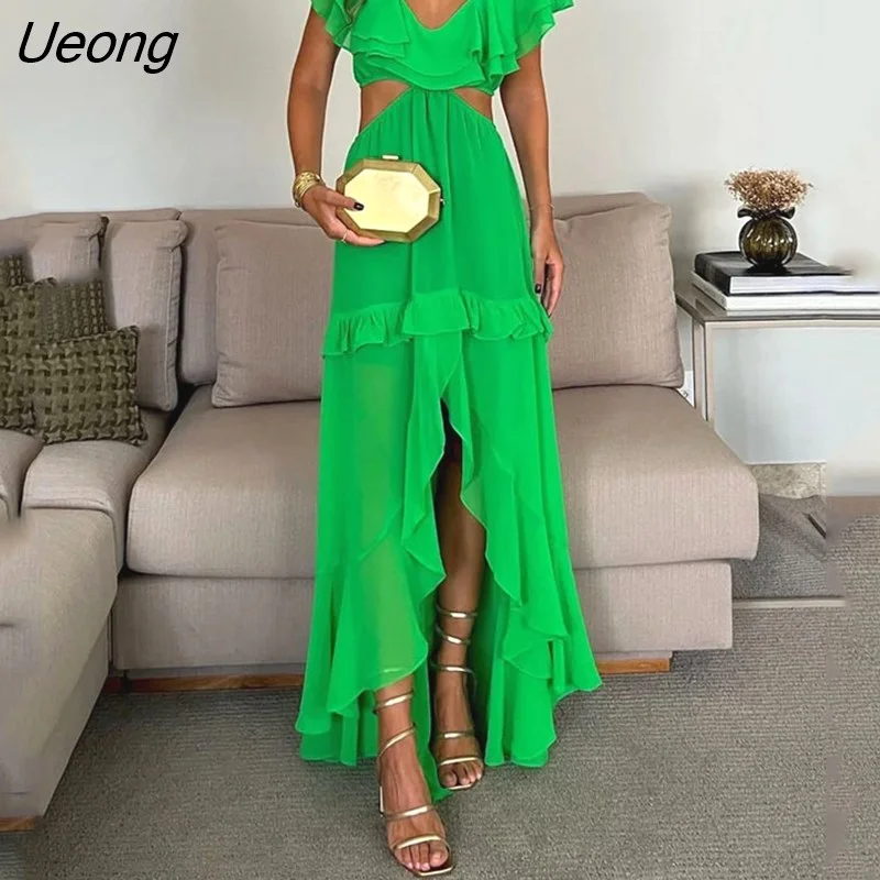 Ueong Women Maxi Dress Summer Casual Solid Ruffled Sleeve V Neck Open Waist Chiffon Party Evening Dresses High Streetwear
