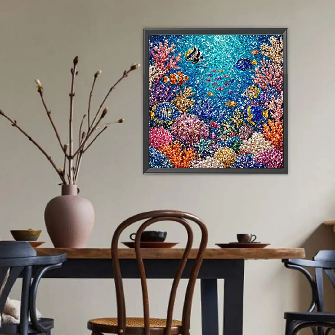 Underwater World Pearl Full DIY 5D Round Drill Gem Art Diamond Painting Kits 15.75x15.75 in Diamond Dots Paintings Picture Arts Craft Diamond Art Kits for Adults Beginner Home Wall Decor