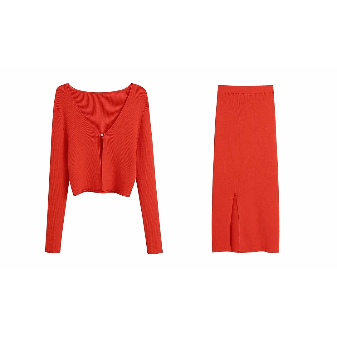 Women Fashion Red Knitted Cardigan Cropped Top Midi Skirt 3 Pieces Optional High Waist Elegant Set Summer Bodycon Streetwear