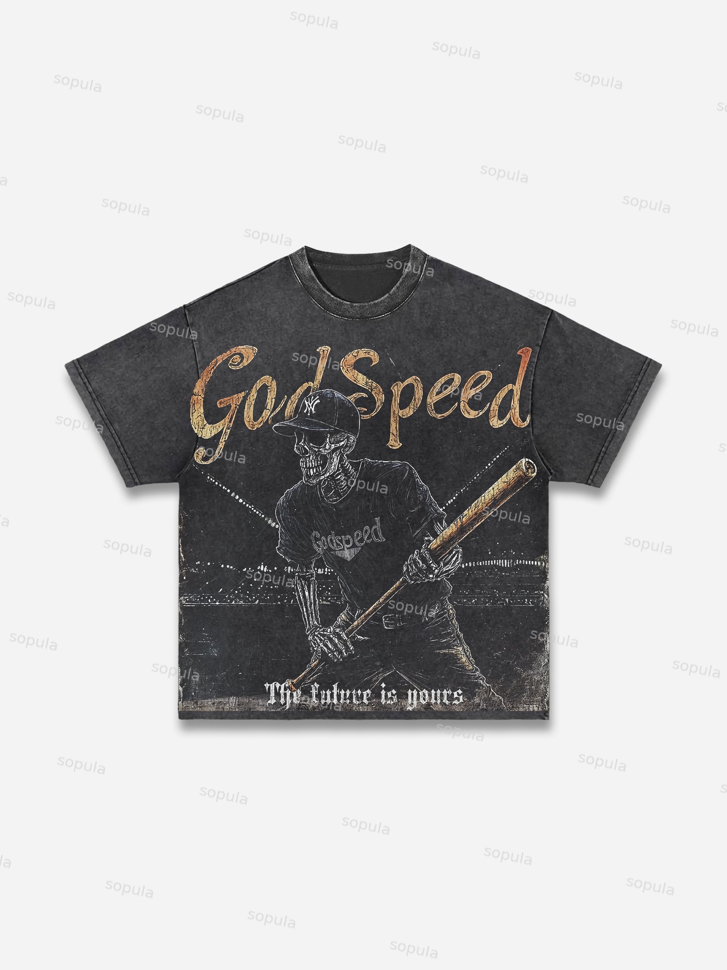 God Speed ​​skeleton Baseball Vintage Graphic Acid Wash T-shirt