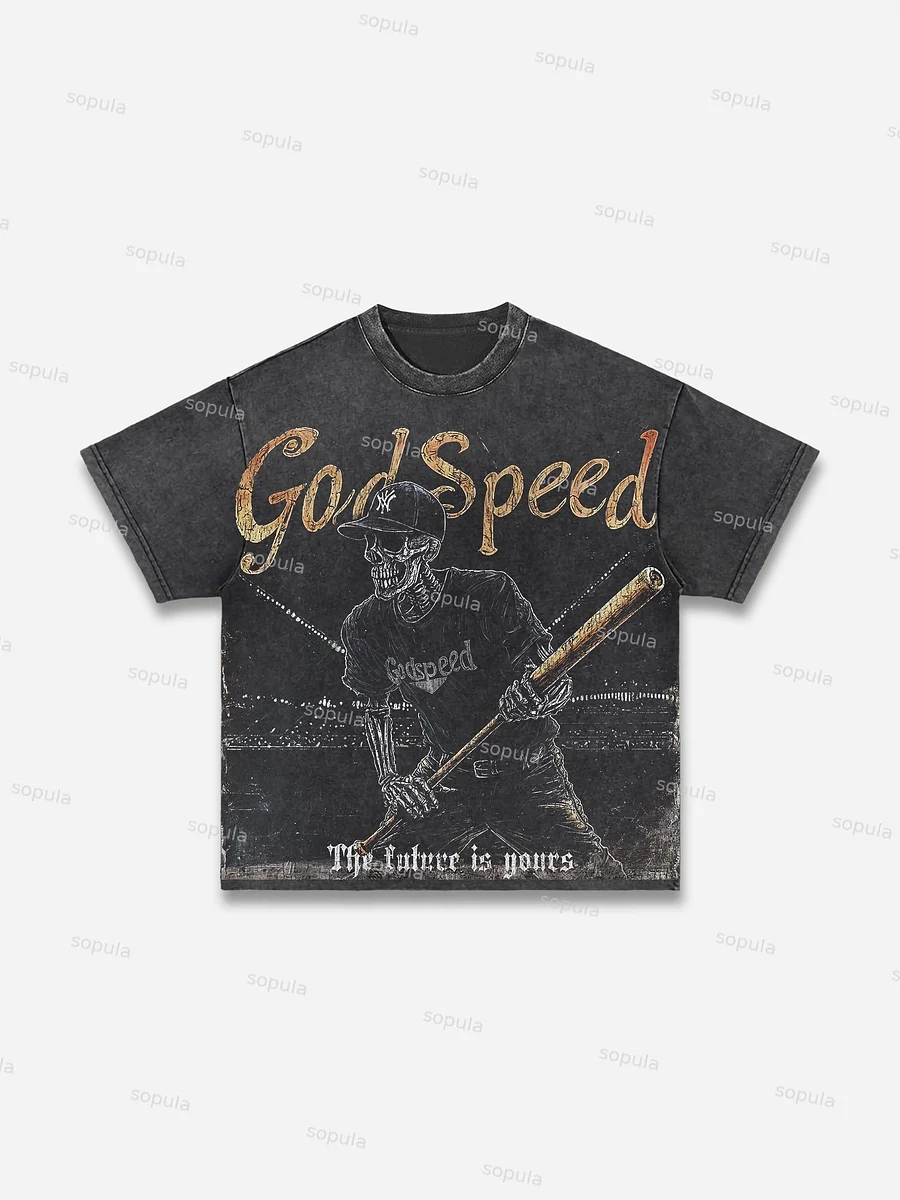 God Speed ​​skeleton Baseball Vintage Graphic Acid Wash T-shirt