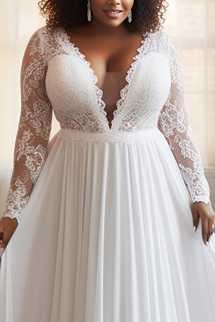 Xpluswear Design Plus Size Wedding White V Neck Long Sleeve See Through Contrast Lace Chiffon Maxi Dresses [Pre-Order]