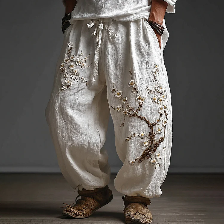 Men's Japanese Art Plum Blossom Print Casual Pocket Pants