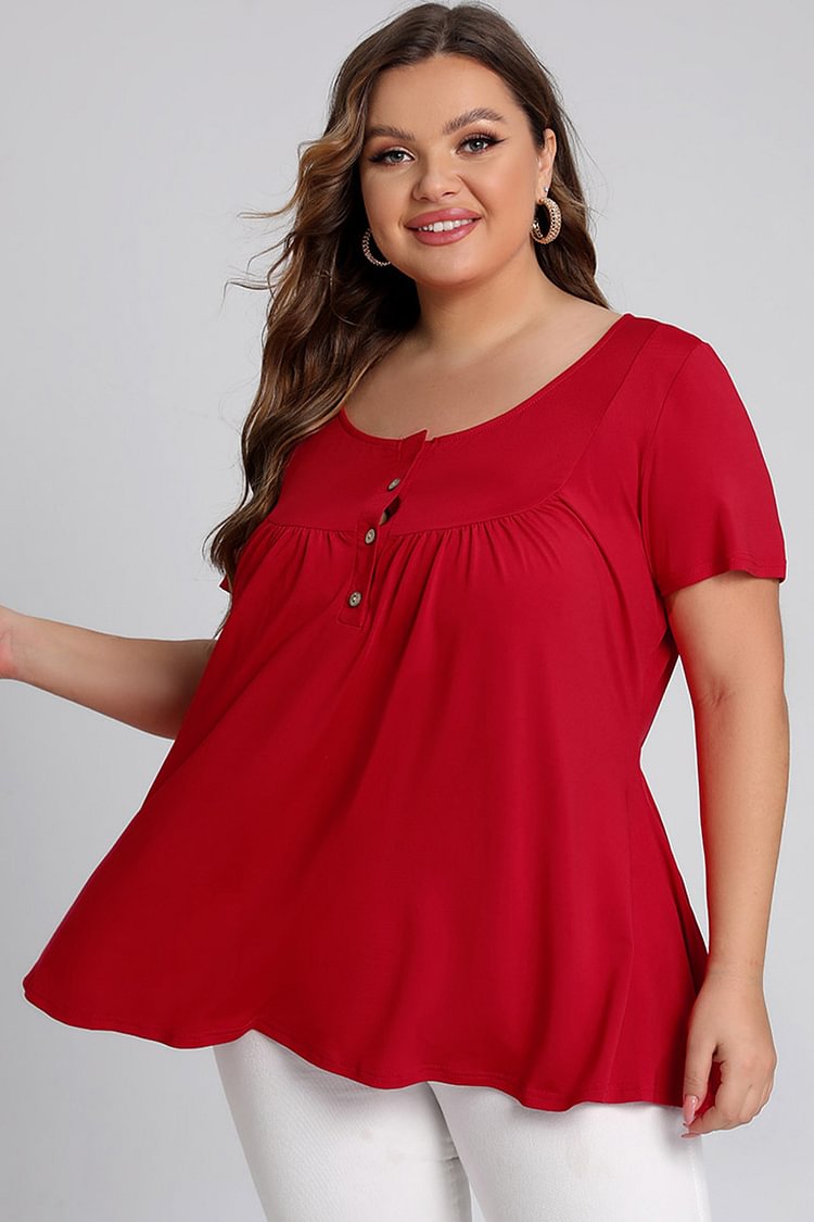 Plus Size Split Neck Short Sleeve Solid Casual Curved T Shirt FlyCurvy flycurvy [product_label]