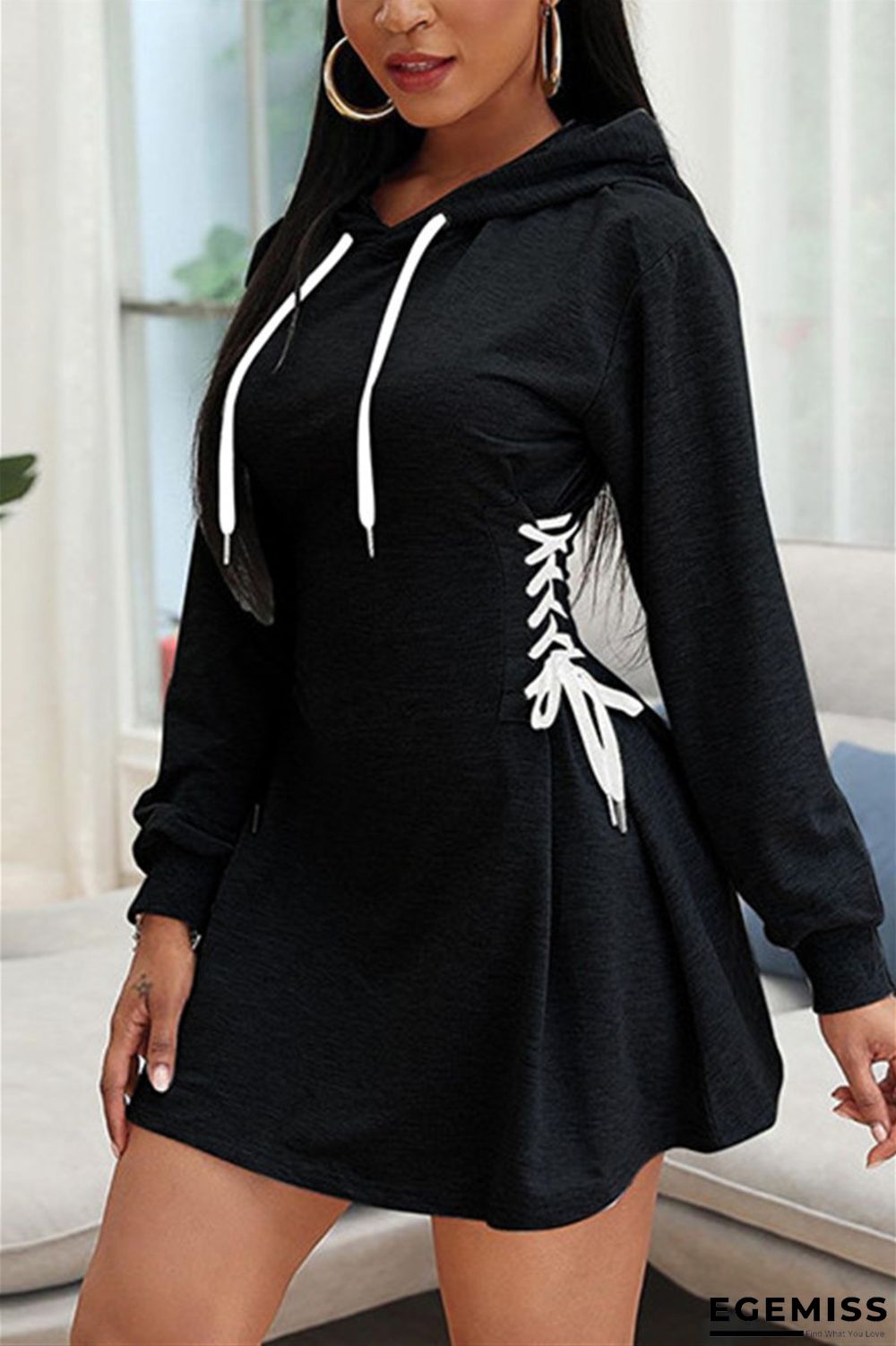 Black Fashion Casual Regular Sleeve Long Sleeve Hooded Collar A Line Mini Solid Dresses | EGEMISS