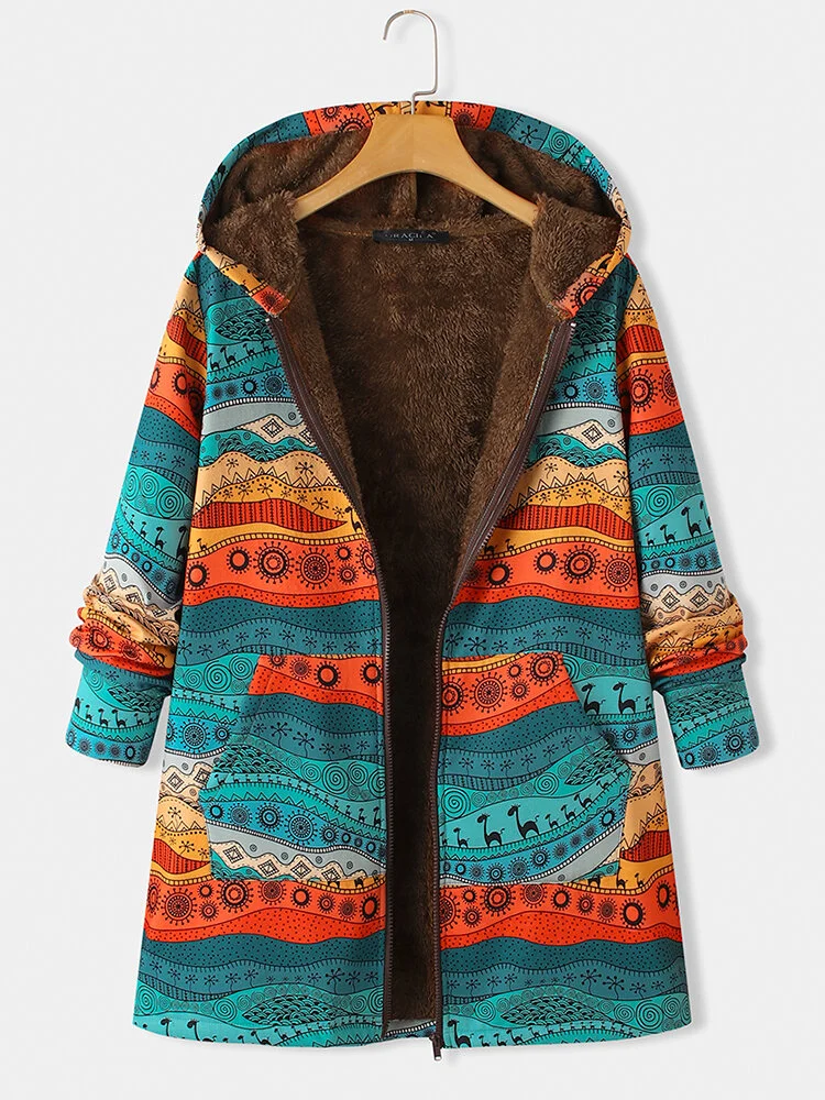 Ethnic Printed Long Sleeve Hooded Thicken Coat For Women