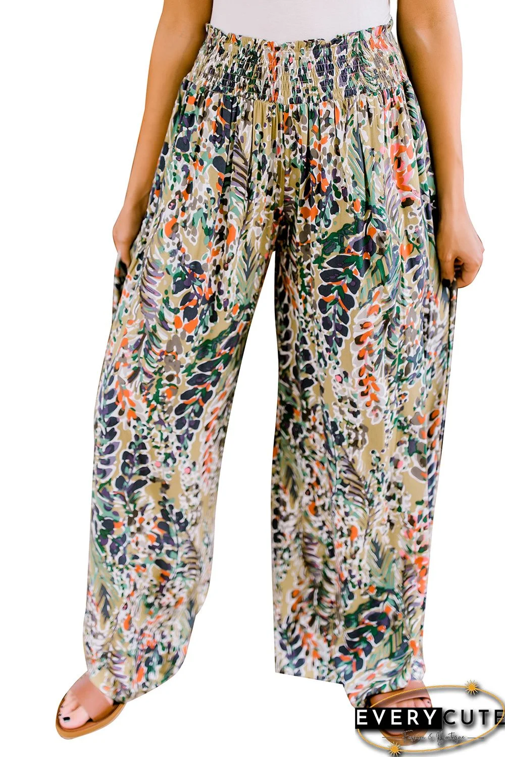 Multicolor Floral Print Shirred High Waist Wide Leg Casual Pants