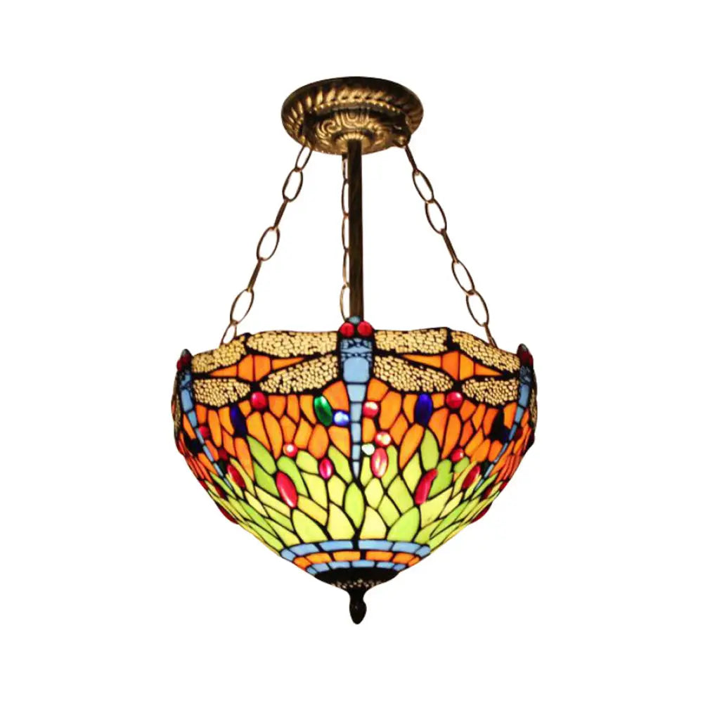 Dragonfly Led Baroque Ceiling Lighting In Aged Brass - Stained Glass Shade For Bedroom Orange / 12&rsquo;