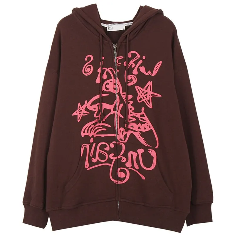Xingqing Women Full Zip Hoodies Fashion Portrait Print Long Sleeve Loose Sweatshirt Tops Y2K Aesthetic Ladies Clothes Streetwear