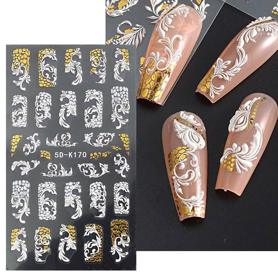Applyw Press On Nail Supplies For Professionals Embossed 5D Stereo Stickers White French Carved Art Nail Shape Sticker Accesorios