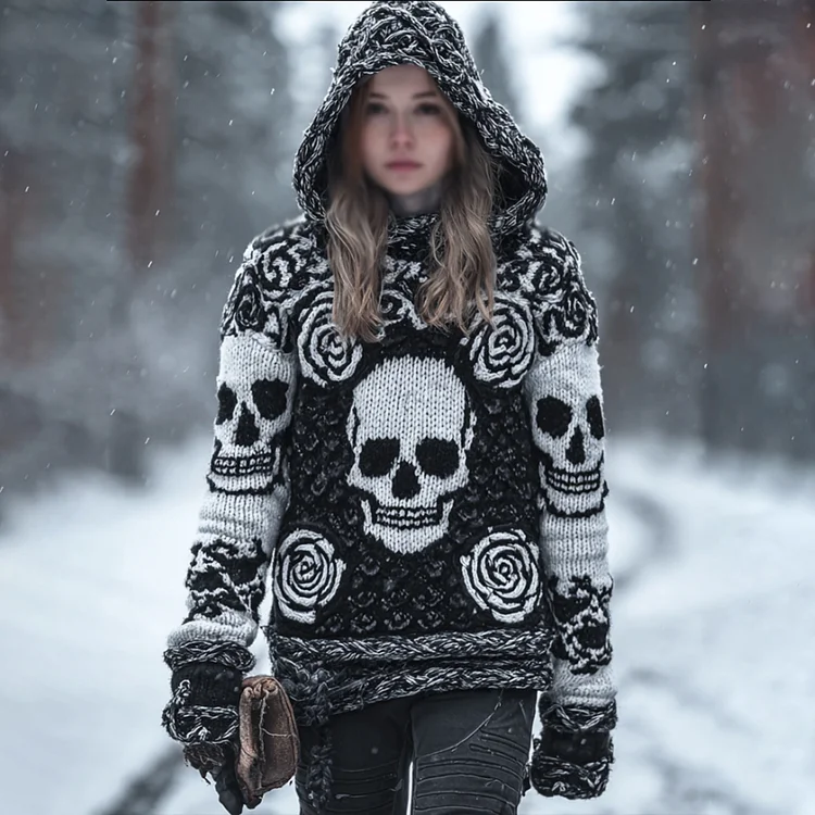 Women's Vintage Three-dimensional Skull Rose Black And White Warm Hooded Sweater