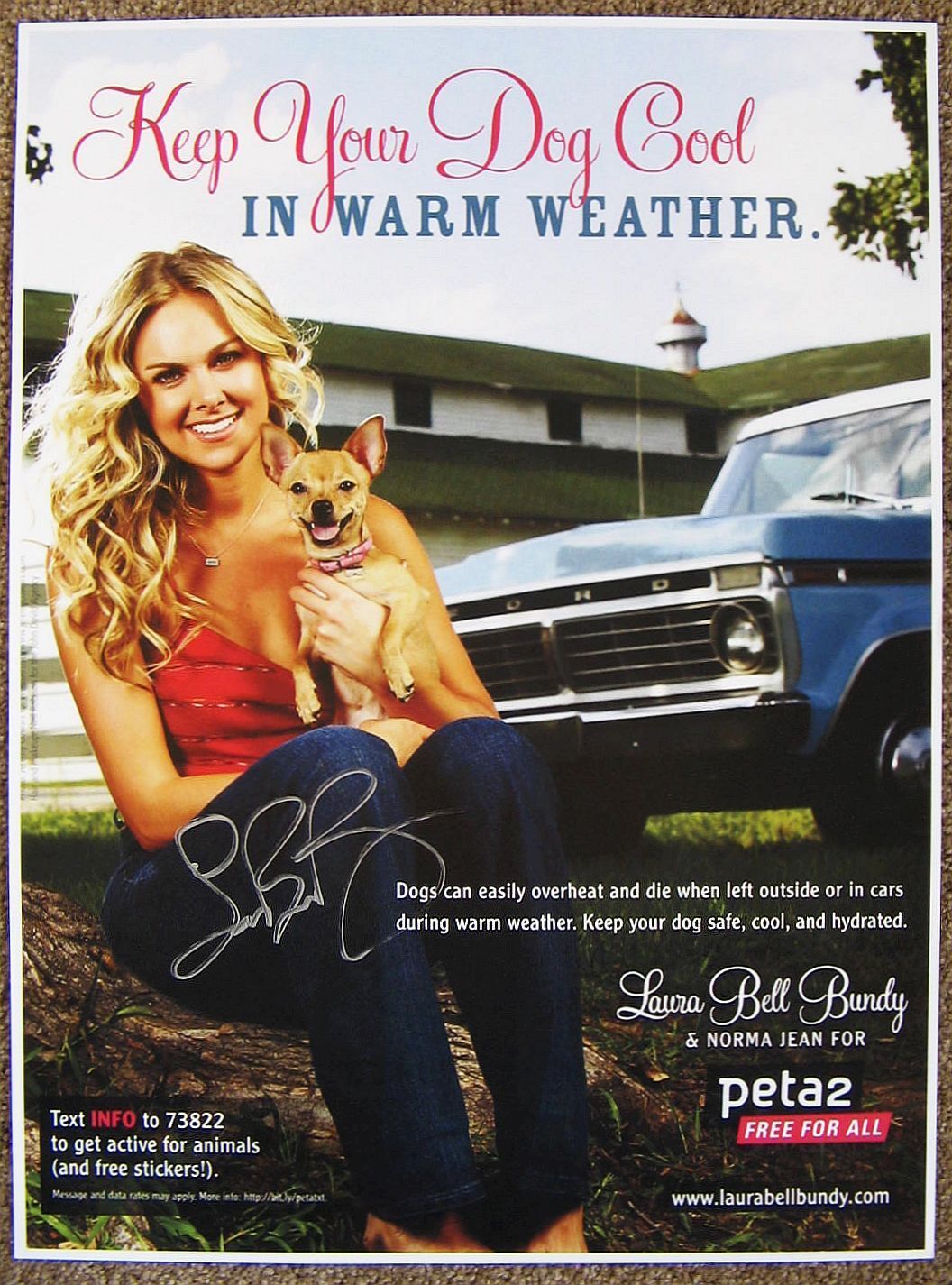 Signed LAURA BELL BUNDY POSTER In-Person Autograph w/proof PETA Keep Dog Cool