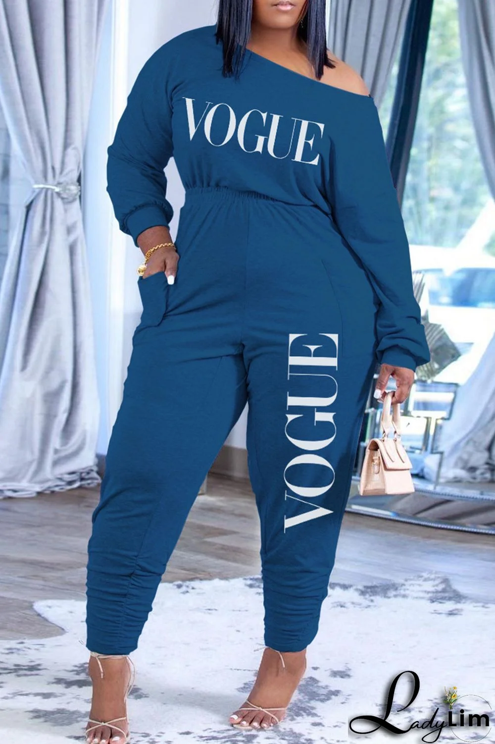 Pink Fashion Casual Letter Print Fold Oblique Collar Regular Jumpsuits