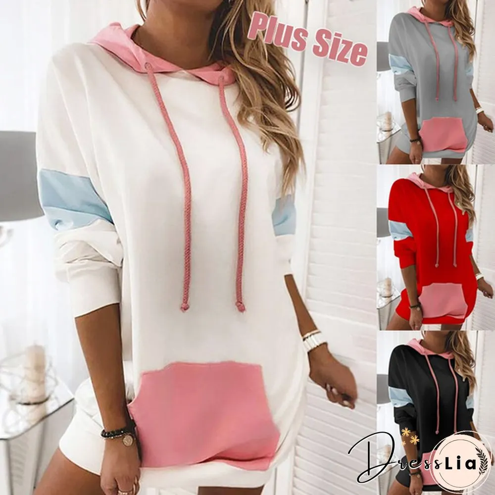 New Winter Womens Fashion Warm Loose Pullover Dress Long Sleeve Hoodies Color Block Mini