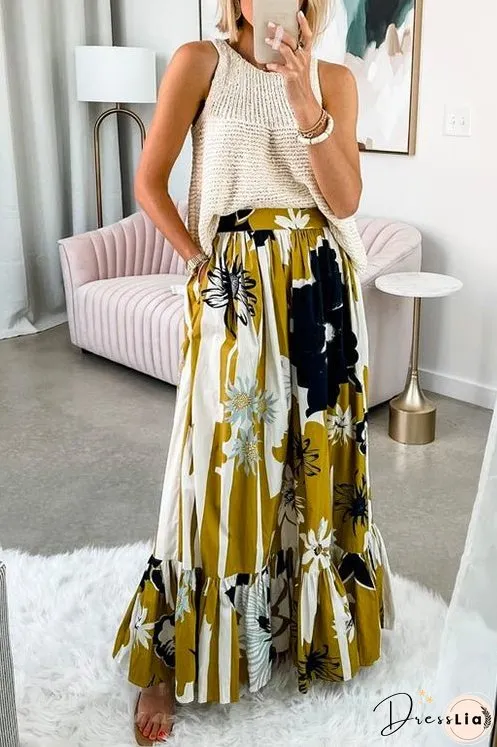 High Waist Printed Ruffle Swing Maxi Skirt