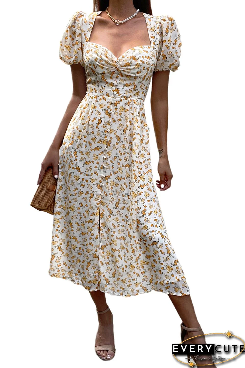 Yellow Floral Puff Sleeve Sweetheart Neck Midi Dress