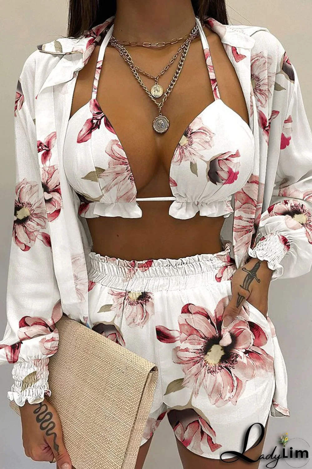 Yellow Sexy Print Patchwork Turndown Collar Long Sleeve Three Pieces