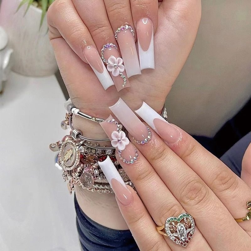 24Pcs Long Coffin False Nails with Glue Flower Design French Ballerina Fake Nails Full Cover Acrylic Nail Tips Press on Nails