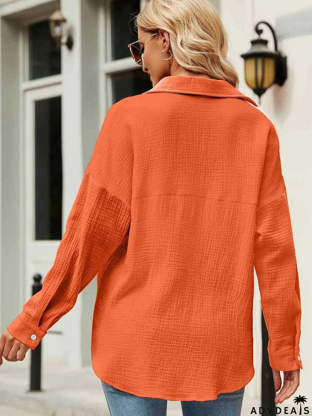 Button Up Collared Neck Drop Shoulder Shirt