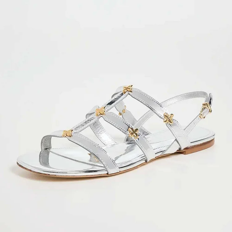 Silver Metallic Gold Floral Straps Slingback Flat Sandals for Women |FSJ Shoes