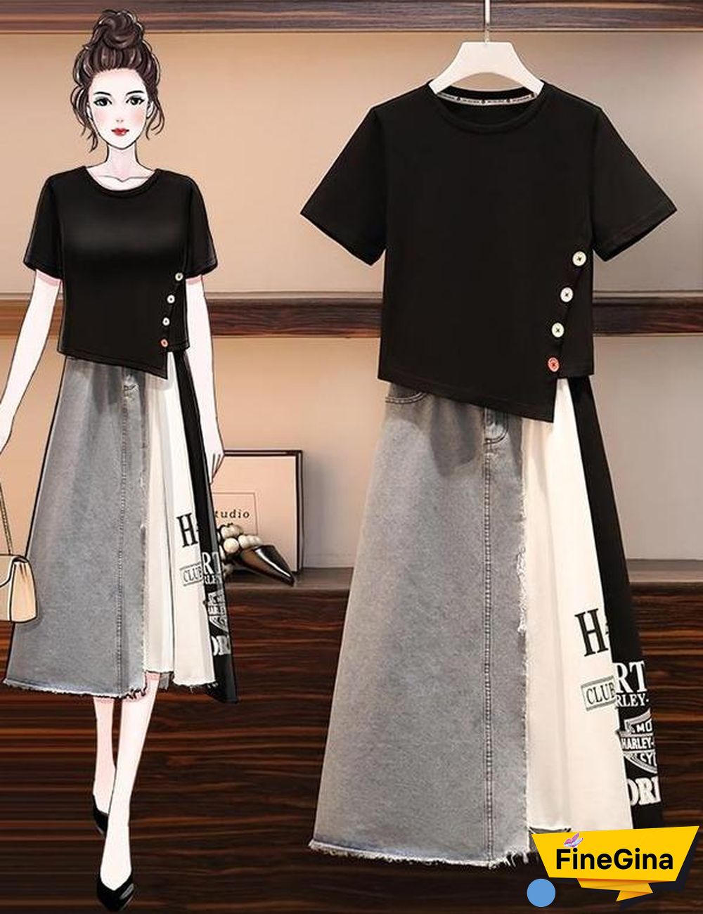 Single-breasted T-shirt+Patchwork Skirt P14814