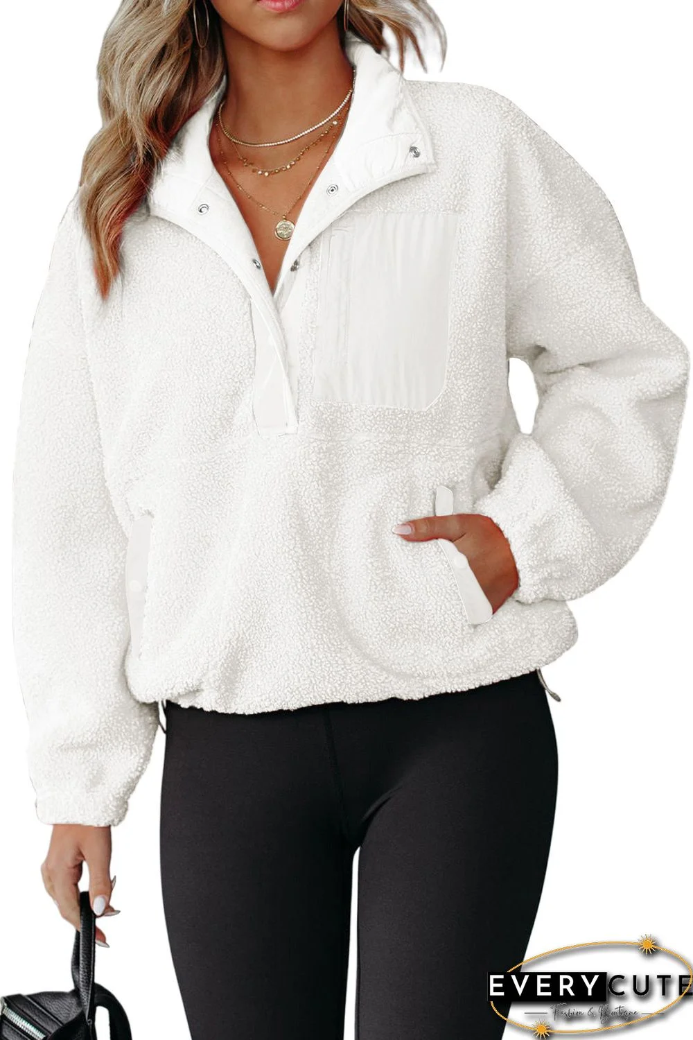 White Half Button Pocketed Fleece Pullover Sweatshirt