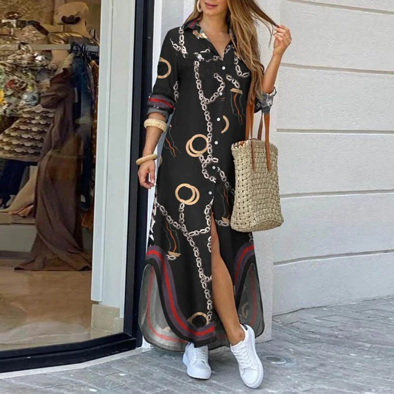 Elegant Women Button Down Long Shirt Dress Summer Letters Print Lapel Neck Party Dress Lady Long Sleeve Maxi Beach Dress Vestido