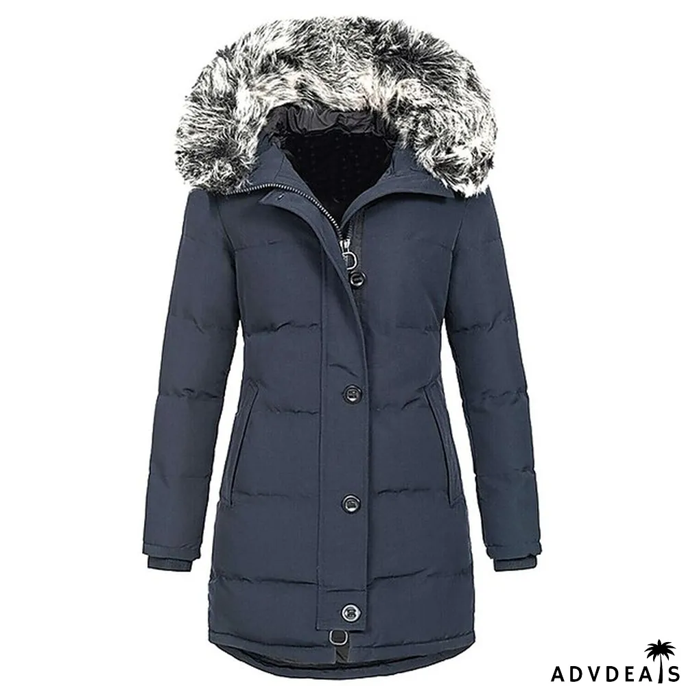 Women's Parka Thicken Puffer Jacket Fleece Winter Coat with Fur Collar Fall Warm Windproof Hooded Jacket Stylish Casual Street Jacket with Pockets Long Sleeve Black White Red