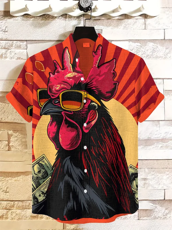Men's Rooster With Sunglasses And Dollars Art Print Casual Shirt
