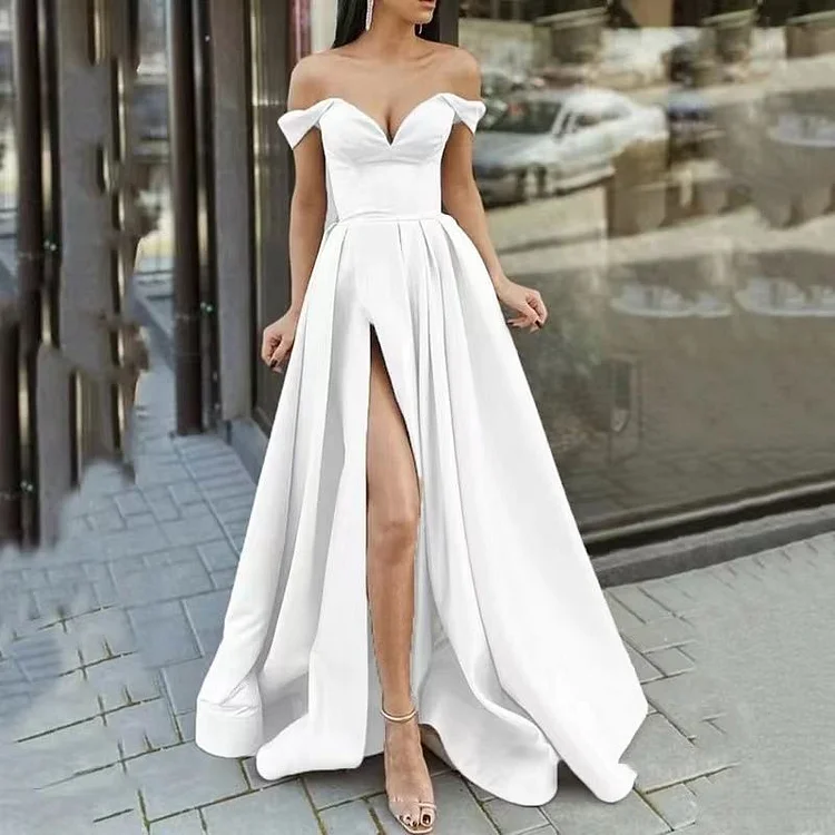 Super Simple Formal V-Neck Off Shoulder Thigh Slit Satin Prom Dress