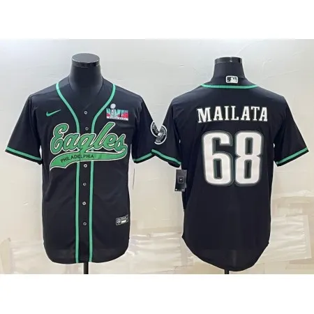 Men's Philadelphia Eagles #68 Jordan Mailata Black With Super Bowl LVII Patch Cool Base Stitched Baseball Jersey 4URY