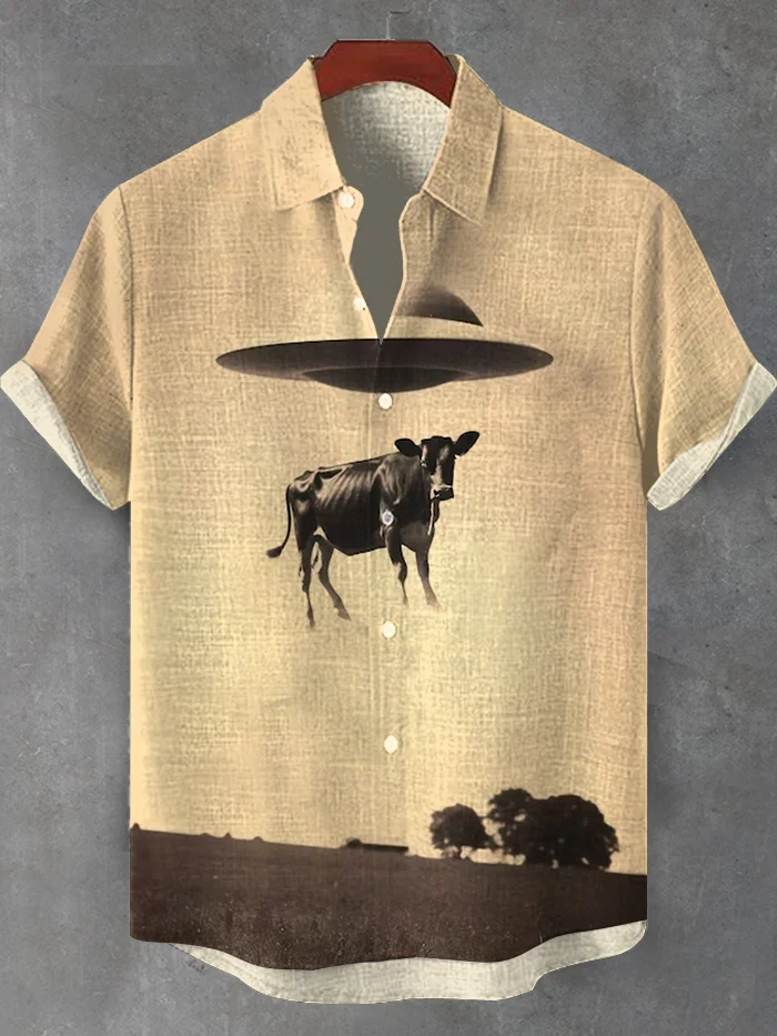 Men's Retro Mystic UFO Sucks Away Cow Art Print Shirt