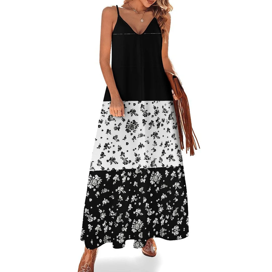 Style & Comfort for Mature Women Plus Size Printed Sling Casual Women Maxi Dress in Pattern Floral, Black, White