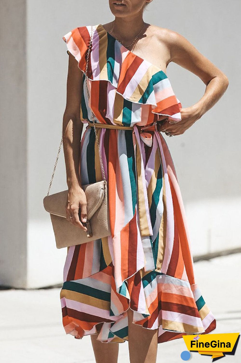 Fashion Street Striped Split Joint One Shoulder Irregular Dresses