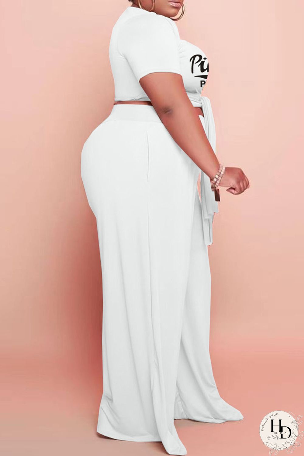 White Fashion Casual Letter Print Bandage O Neck Plus Size Two Pieces