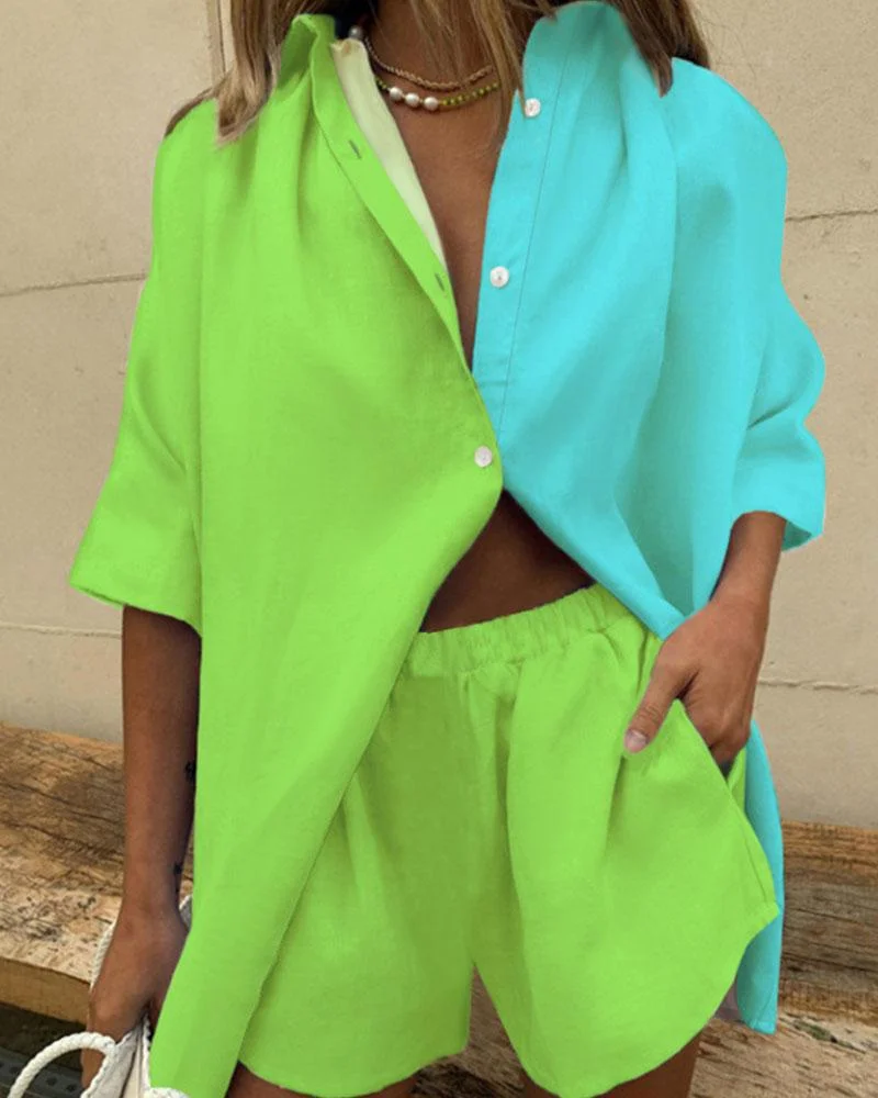 Color Blocked Short Sleeve Shorts Fashion Casual Suit