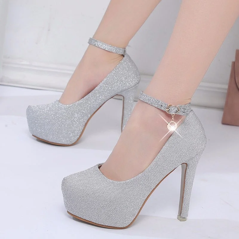 2021 Fashion Wedding Shoes Women High Heels Bride Shoes Platform Fashion Pumps Super High Heel 12cm Black Silver