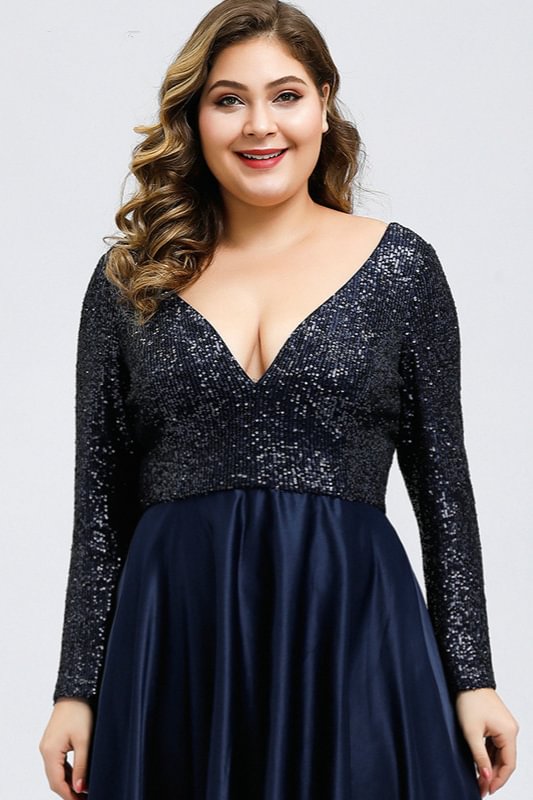 Gorgeous Long Sleeve Sequins Prom Dress Navy V Neck Plus Size Evening Gowns 5570