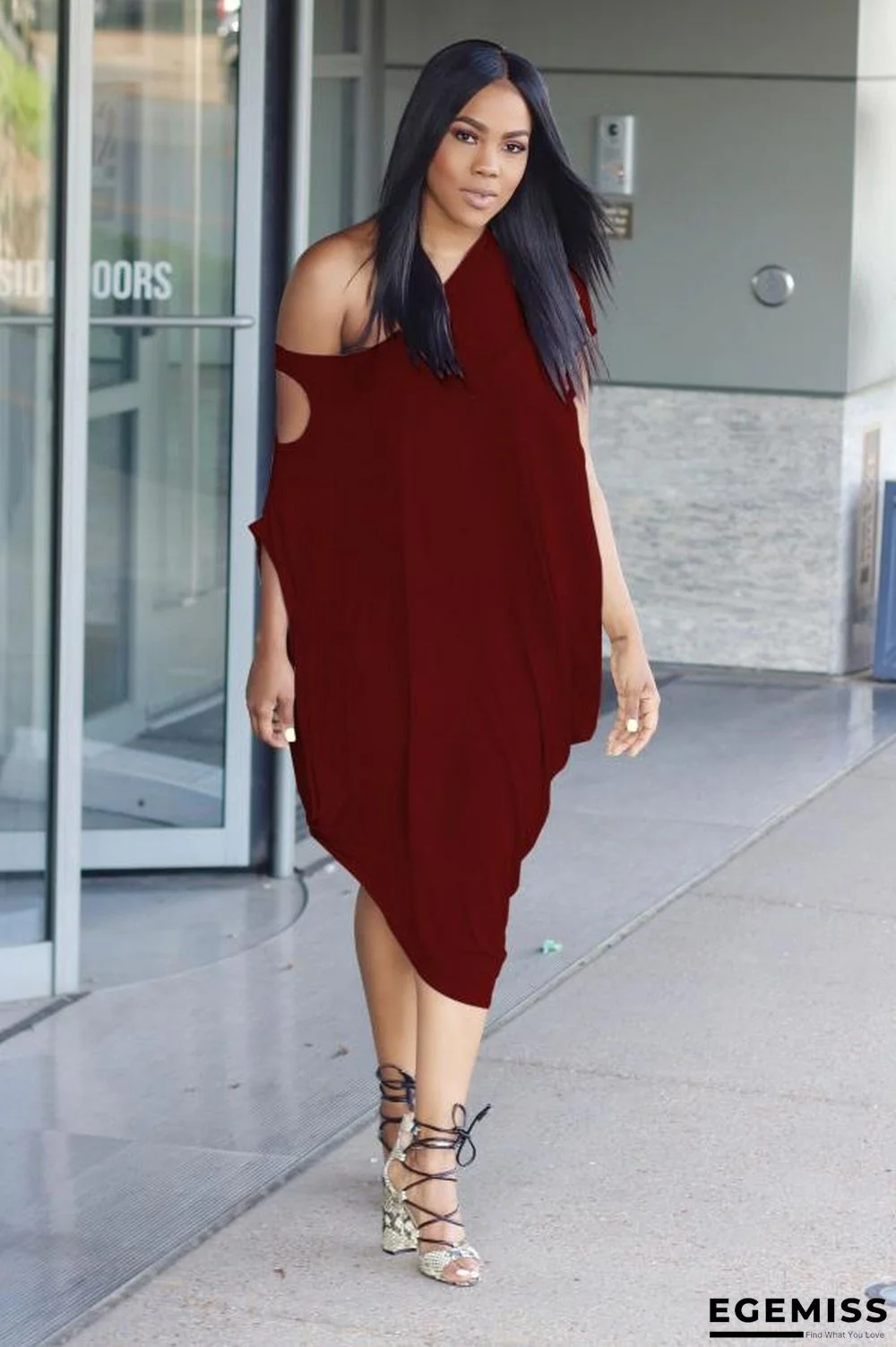 Maroon Street One Shoulder Short Sleeves one shoulder collar Lantern skirt Mid-Calf Solid Club D | EGEMISS