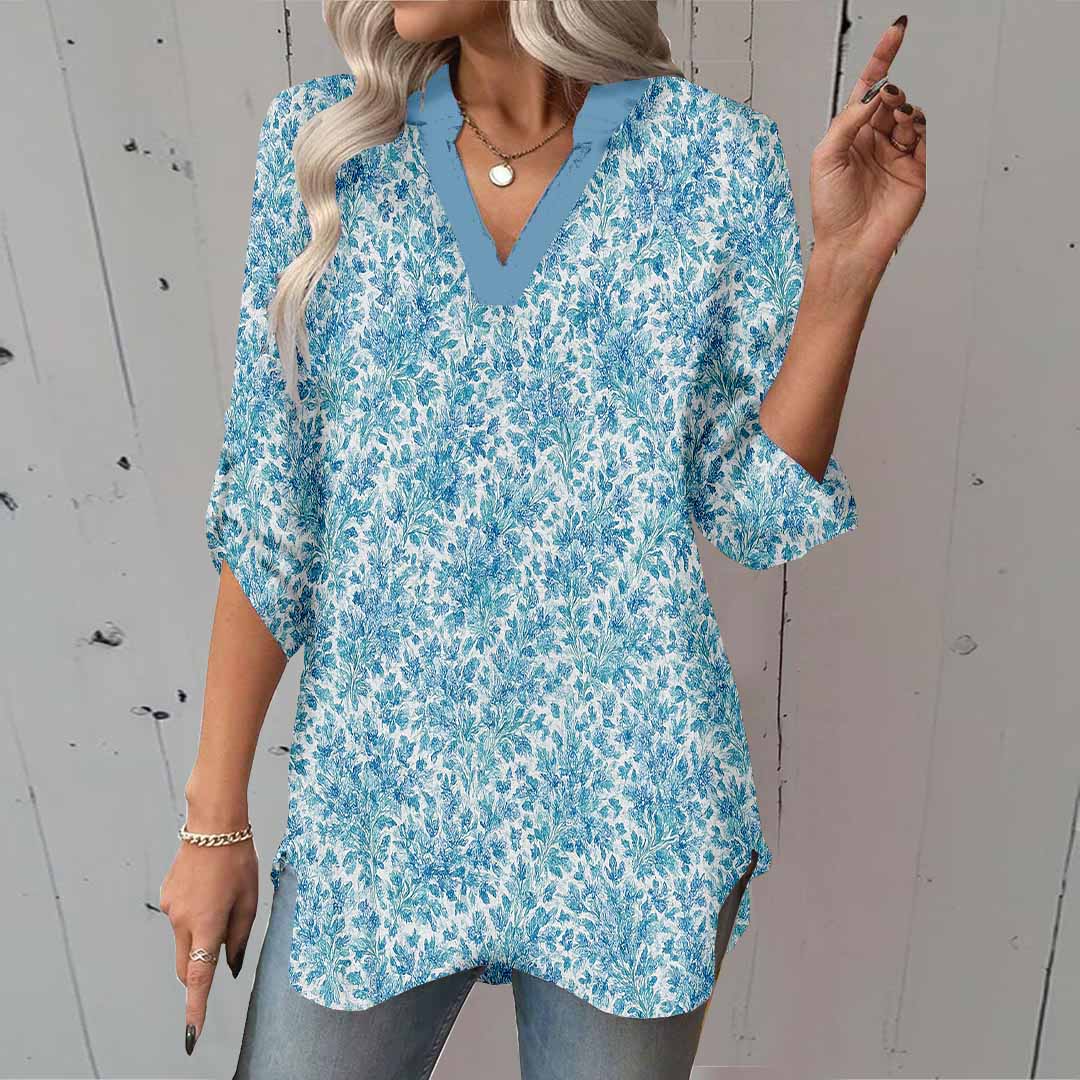 Women Abstract,Blue DZGA0250 3/4 Sleeve V-neck Printed Graphic Button Tops