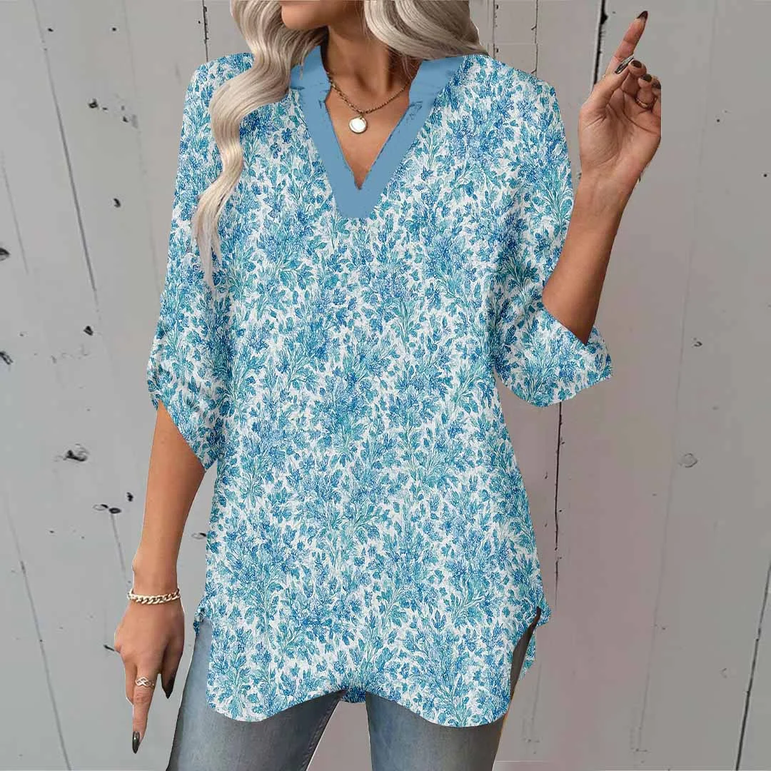 Women Abstract,Blue DZGA0250 3/4 Sleeve V-neck Printed Graphic Button Tops