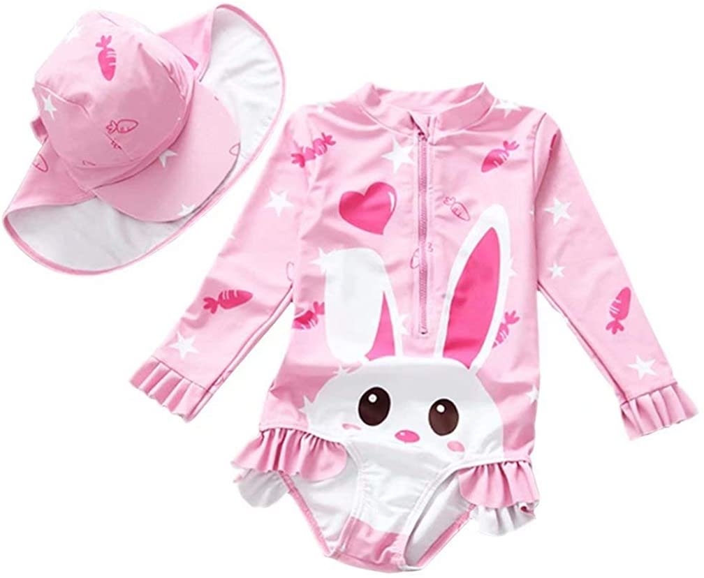 Kids Baby Girls Rash Guard Bunny Swimsuit One-Piece Sun Protection Bathing Suit with Cap Outfits
