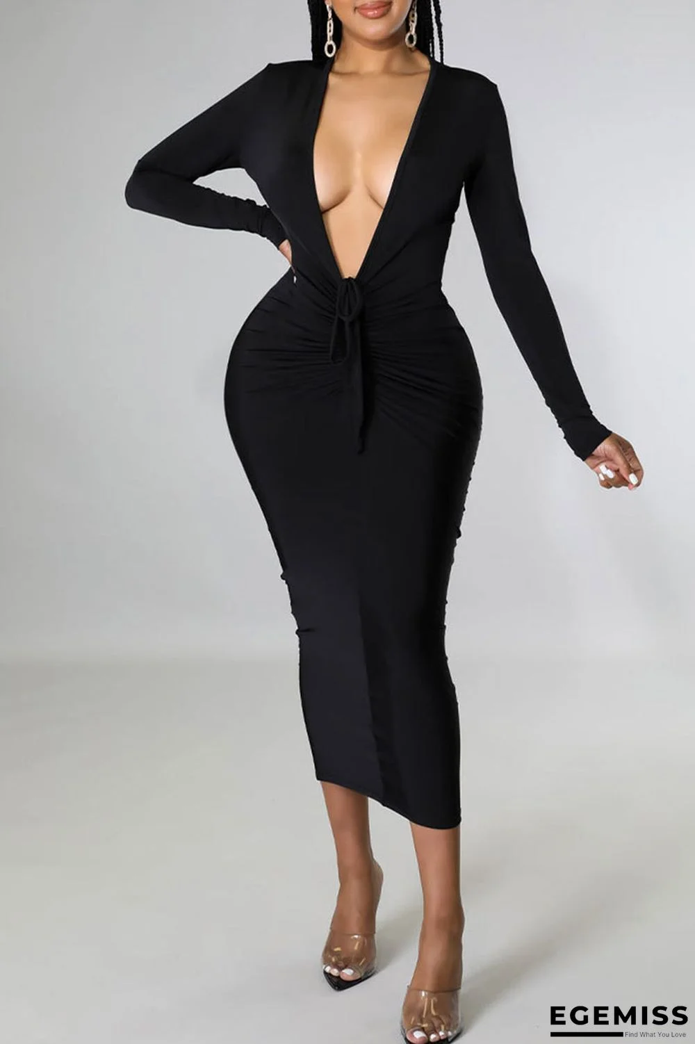 Black Sexy Solid Patchwork V Neck One Step Skirt Dresses | EGEMISS