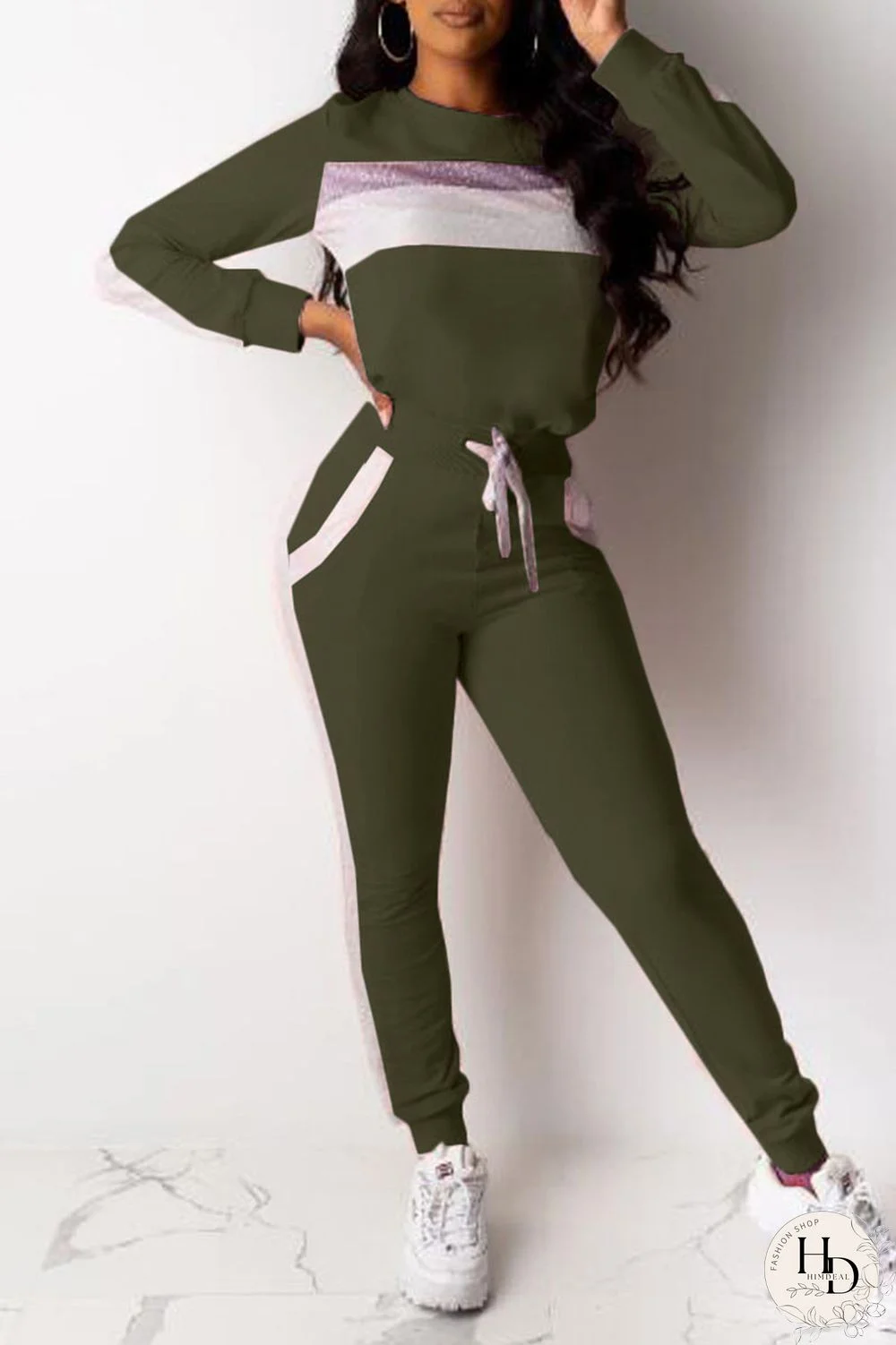 Black Casual Print Split Joint O Neck Long Sleeve Two Pieces