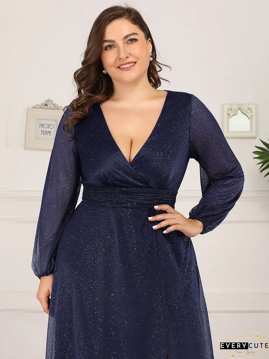 Shiny Puff Sleeve V-Neck Evening Gown for Curvy Women