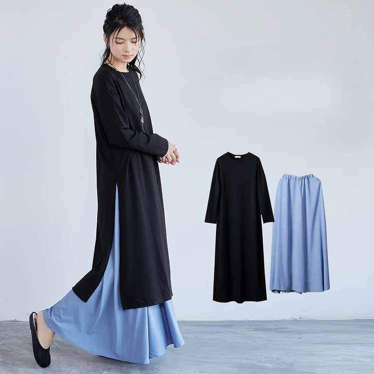 Literary Black Split Sweatshirt and Blue Elastic Waist Skirt Suits