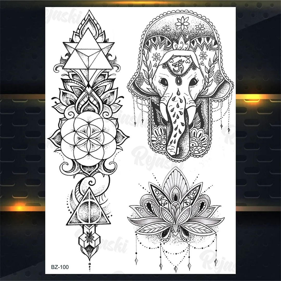 Sdrawing Elephant Pendant Temporary Tattoos For Women Men Lion Butterfly Snake Feather Fake Tattoo Sticker Glamour Back Body Tatoos